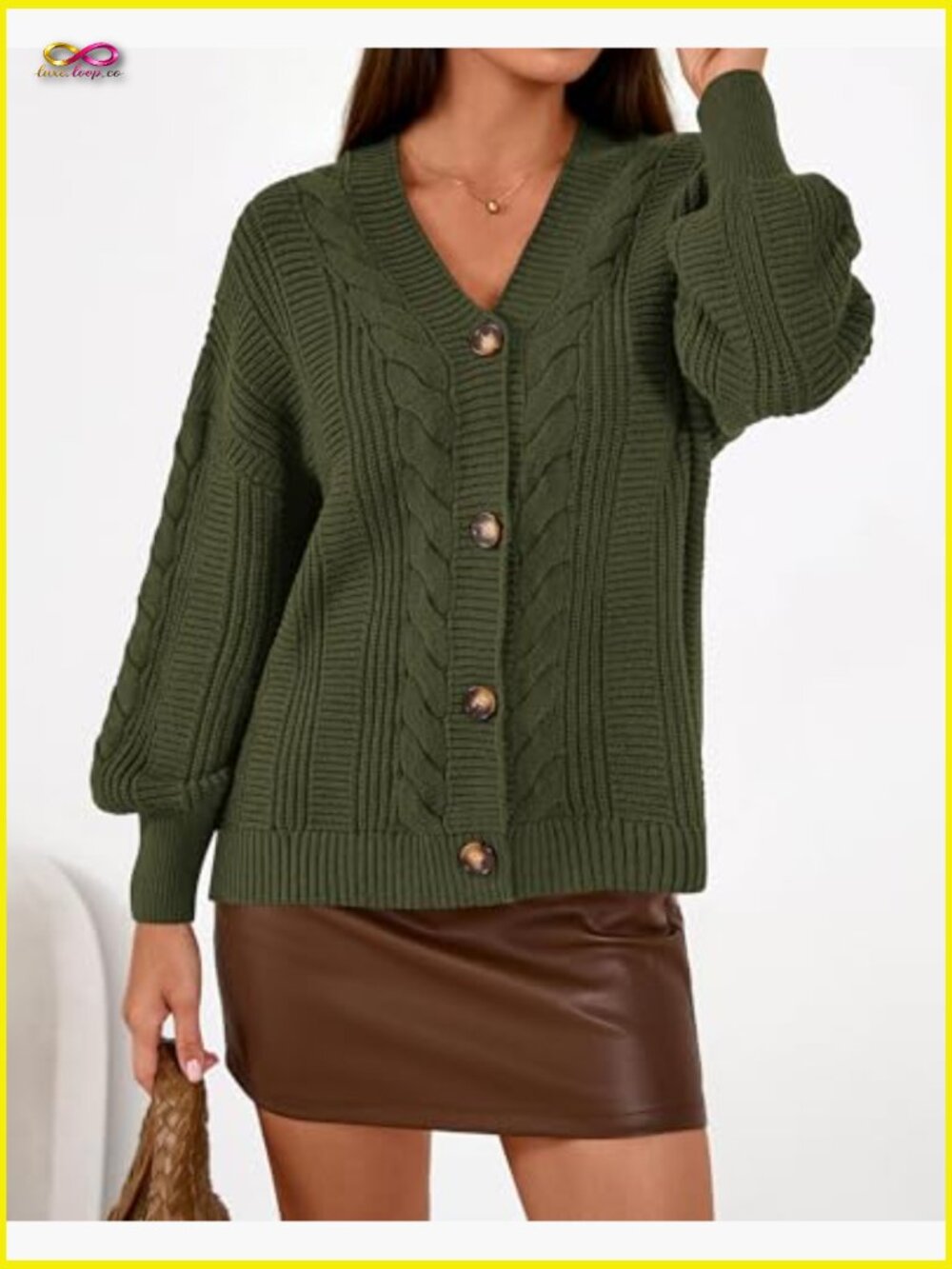 V Neck Long Sleeve Chunky Cable Knit Button Cardigan Sweater Oversized - Picture 4 of 7